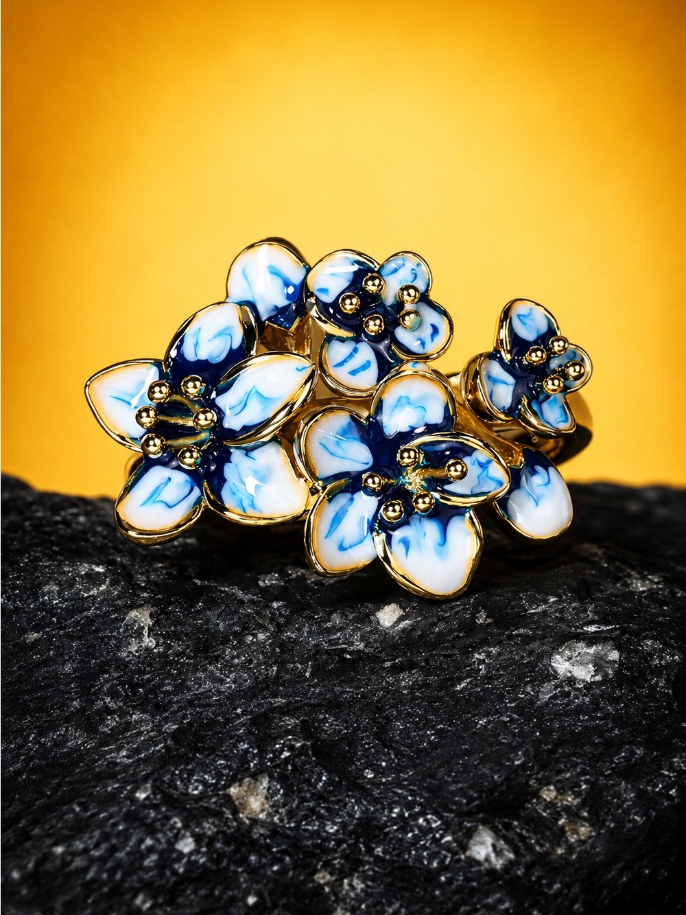 925 Silver Creative Blue Flower Enamel Epoxy Zircon Ring - Picture 5 of 8